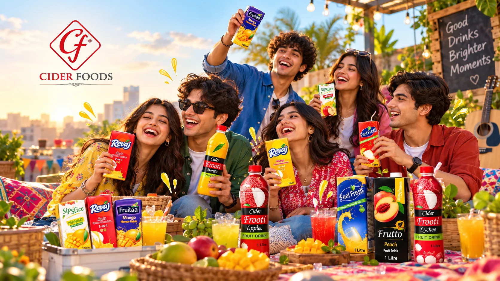 Illustrative lifestyle campaign featuring young adults and drinks